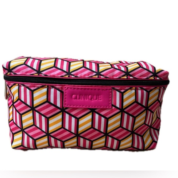 Clinique Cosmetic Travel Bag; Bright Pink, Black, Yellow, Zip Closure, NWOT - Picture 1 of 9